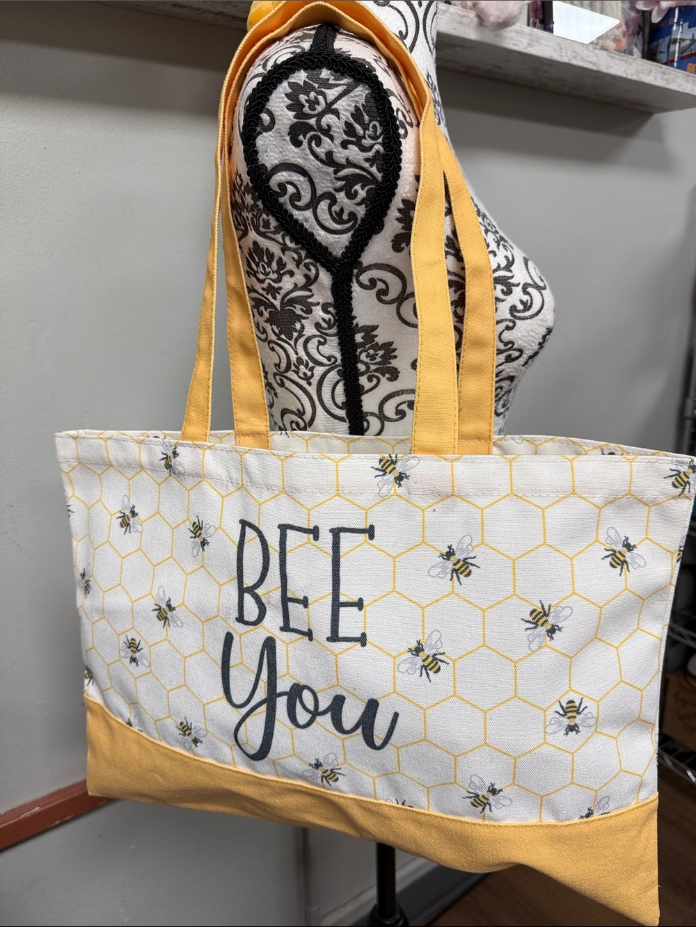 Bee You Canvas Tote Bag in White and Yellow